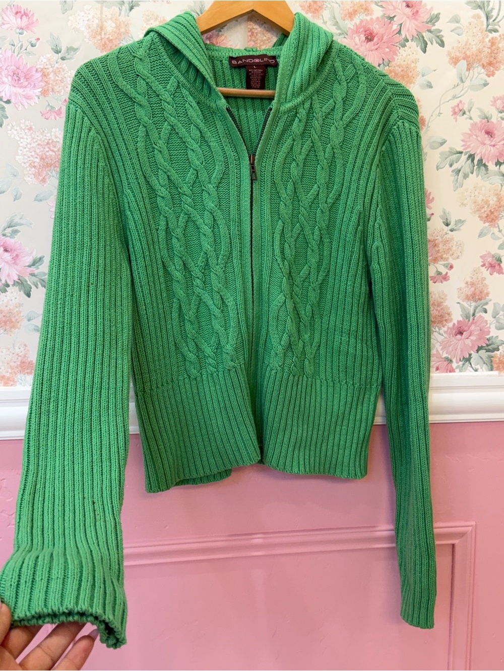 Y2k bandolino  Green Cable-Knit Hooded Zip Sweater
